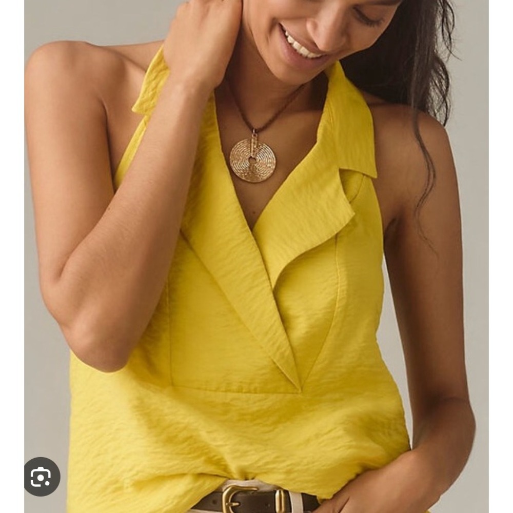 Anthropologie Lime Yellow Textured Halter Top Collared High-Low XXS‎ Neon